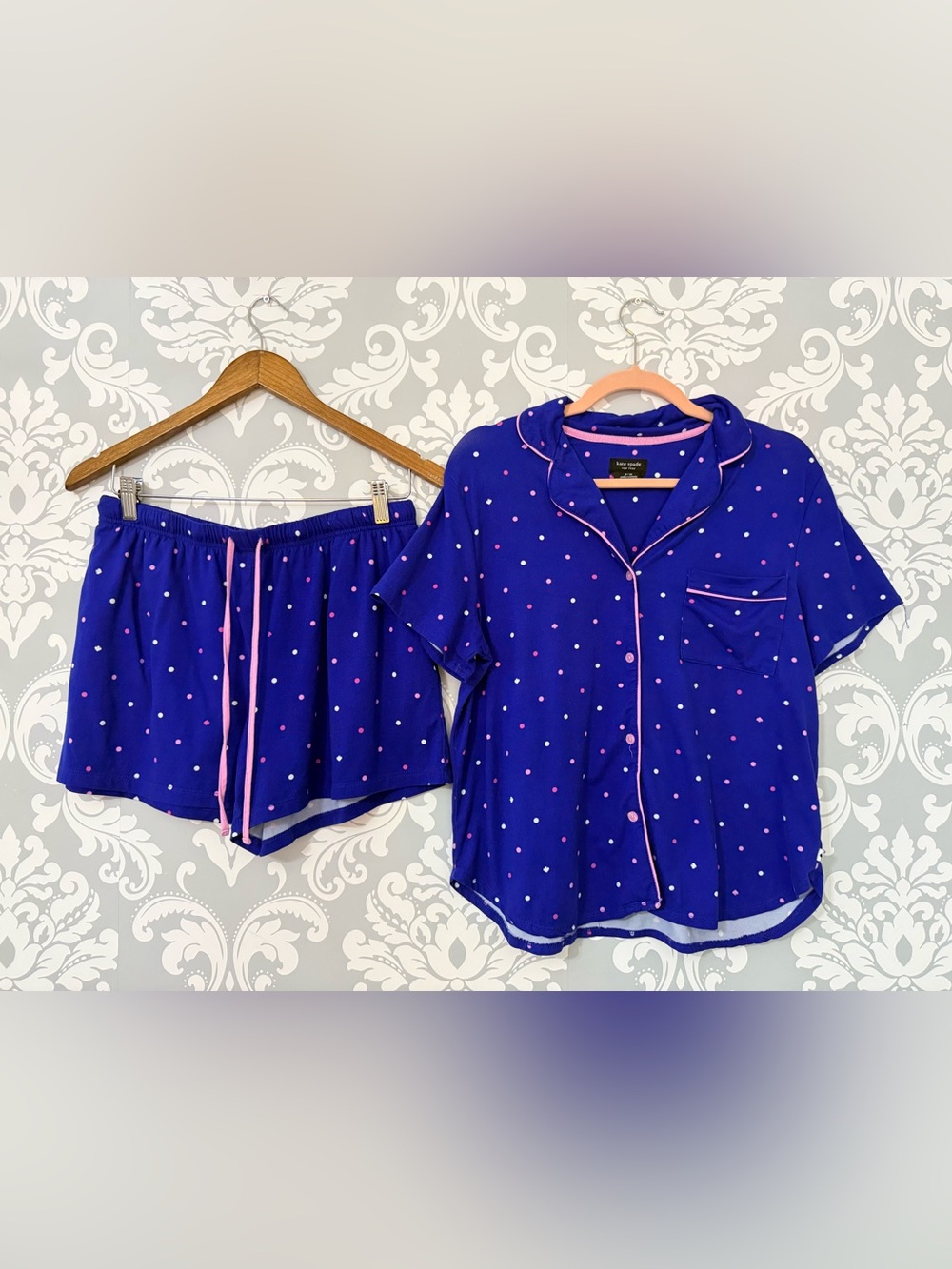 💫2/$25 • Kate Spade Polka Dot Short Pajama Set in Royal Blue with Pink Trim